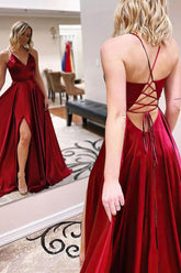 Simple A Line Spaghetti Straps Burgundy Long Evening Dress with Criss Cross Back